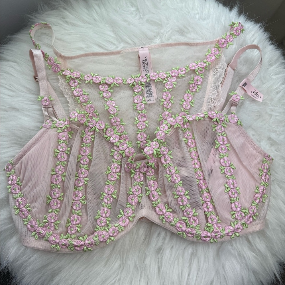 Victoria's Secret Pink and Green Floral Embellished Caged Bra Panties Set